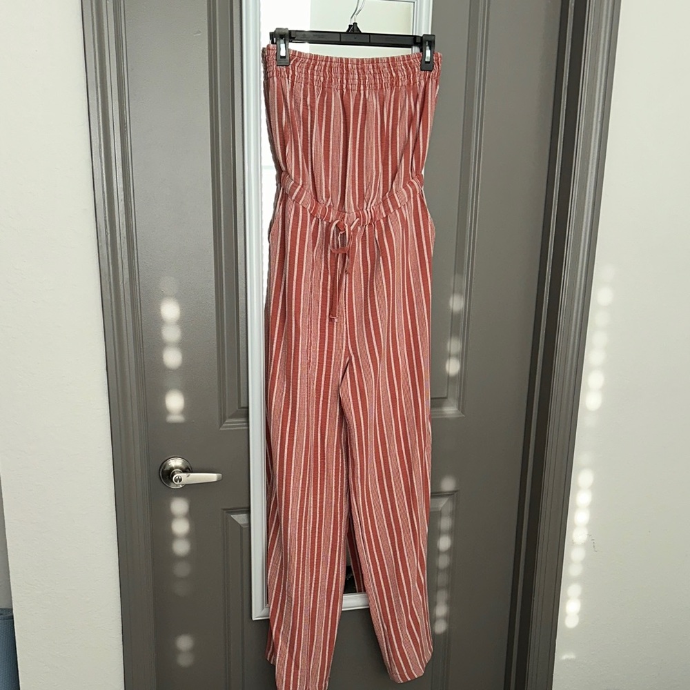 No Boundaries Coral Striped Jumpsuit